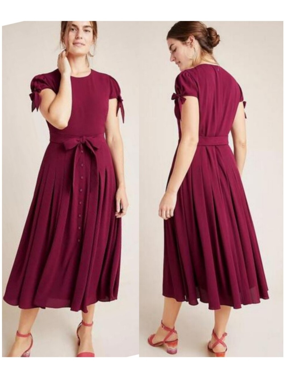 Gal Meets Glam Bette Bow-Tied Midi Dress Oxblood Burgundy Size 2 Soft Dramatic